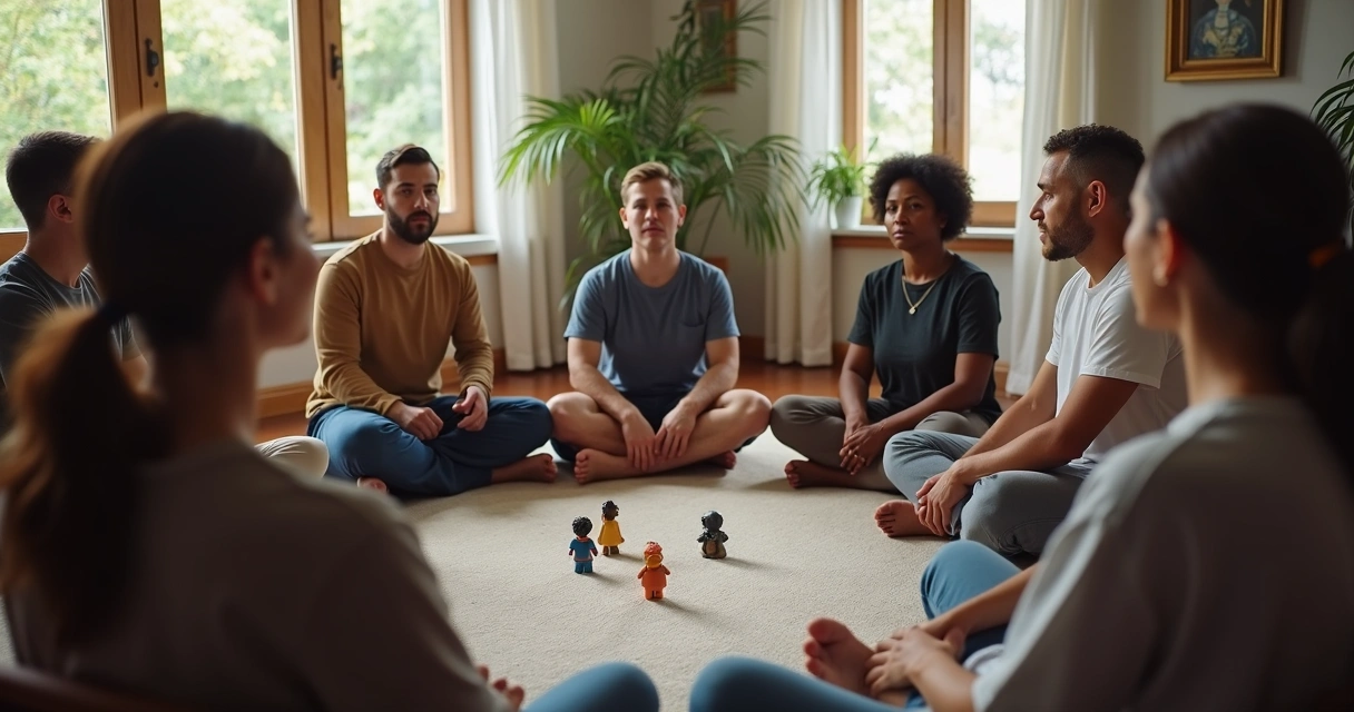 Grupo em sessão com facilitador e objetos no centro 