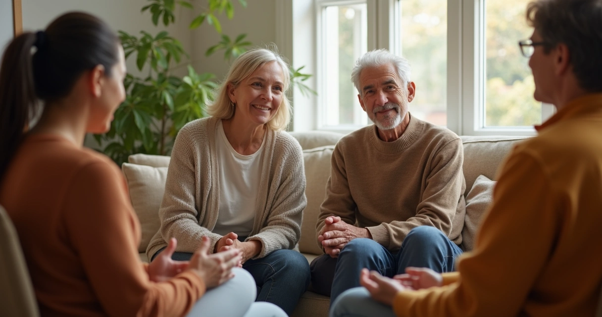 Sessão de constelação familiar com pessoas em círculo dialogando