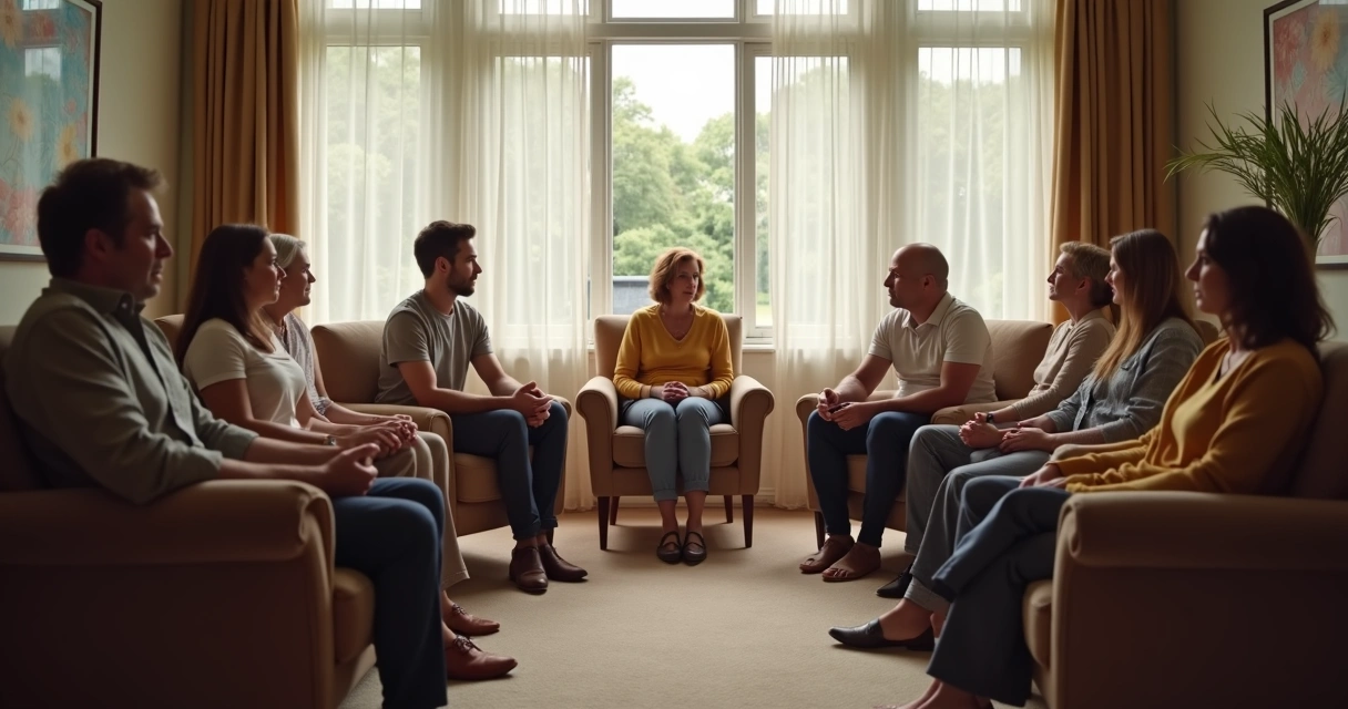 Sala de terapia, pessoas participam de dinâmica representando um sistema familiar 