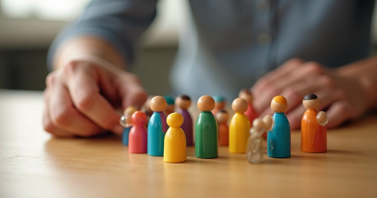 Mesa de constelação com bonecos representando membros de uma família 
