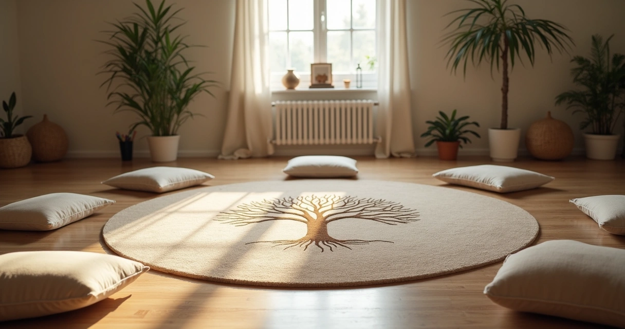 Sala preparada com tapete redondo e símbolo de árvore no centro para sessão de constelação sistêmica. 