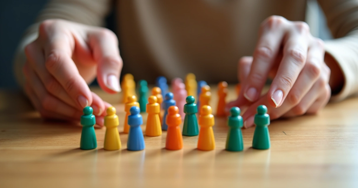 Mesa com bonecos coloridos usados em uma sessão de constelação sistêmica 
