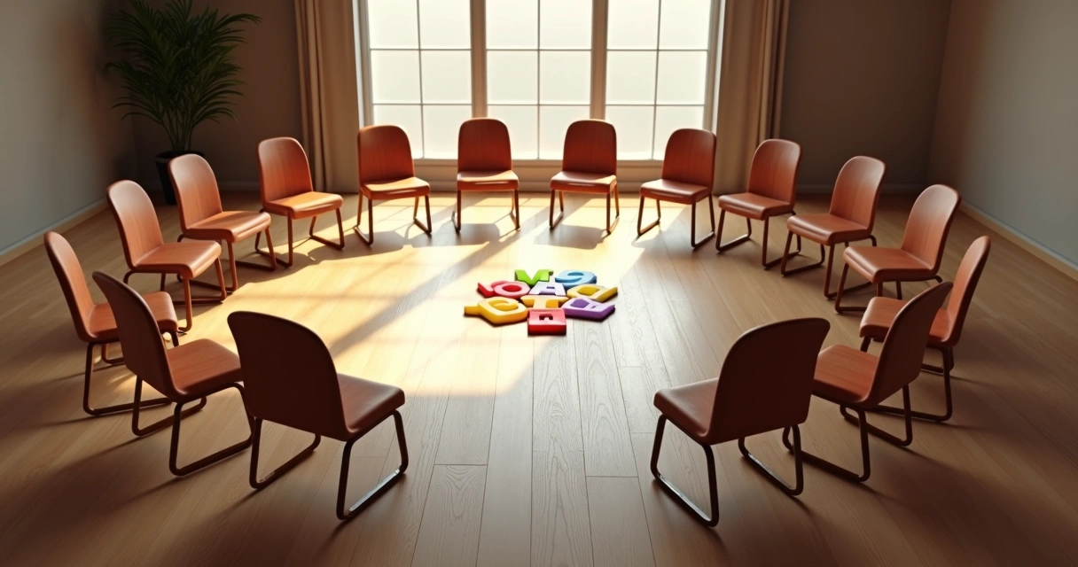 Sala com círculo de cadeiras e símbolos representando membros de família