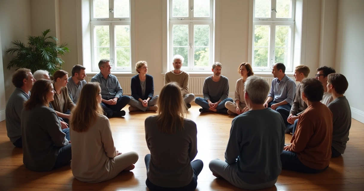 Sala com pessoas sentadas formando círculo em sessão de constelação sistêmica. 