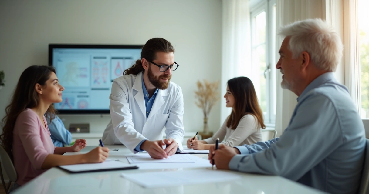 Participante de pesquisa clínica lendo e assinando termo de consentimento em sala com pesquisador 