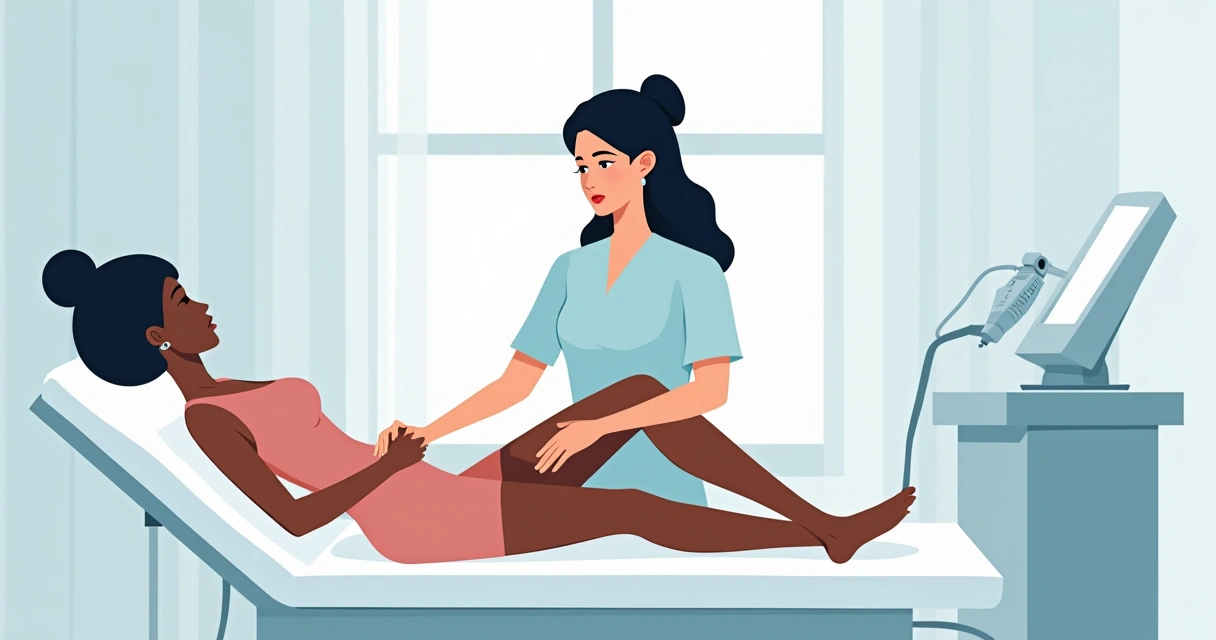 Profissional aplica laser em perna de mulher negra em clínica de estética 