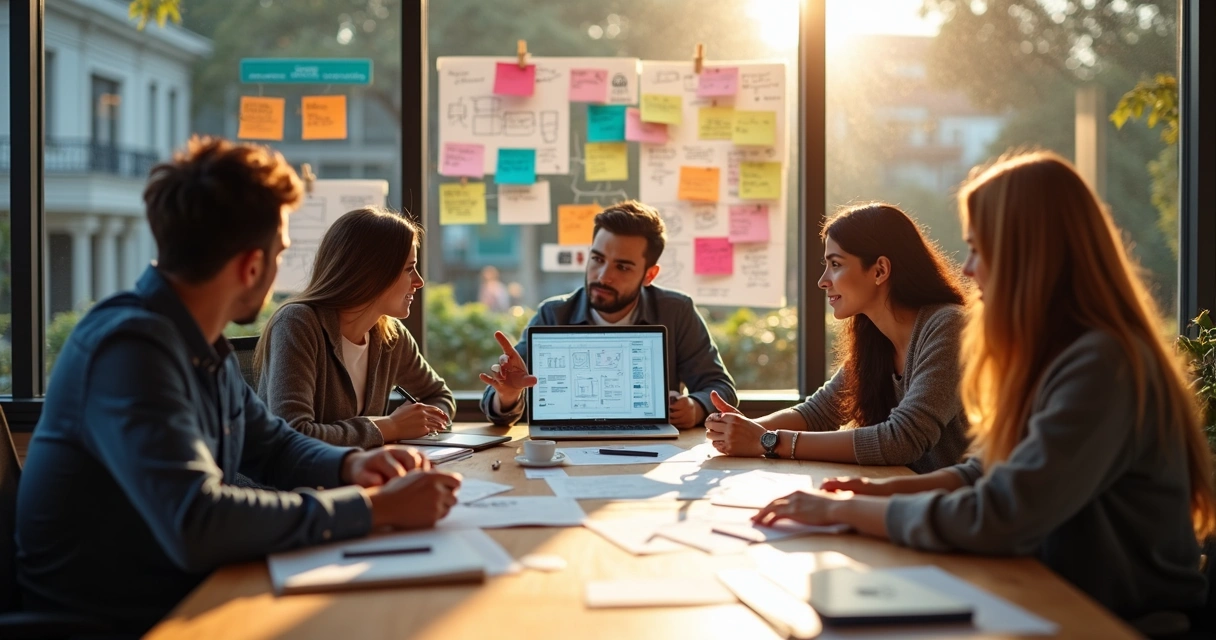 Mesa de trabalho com equipe usando post-its coloridos, laptop e gadgets digitais em cenário colaborativo para design thinking 