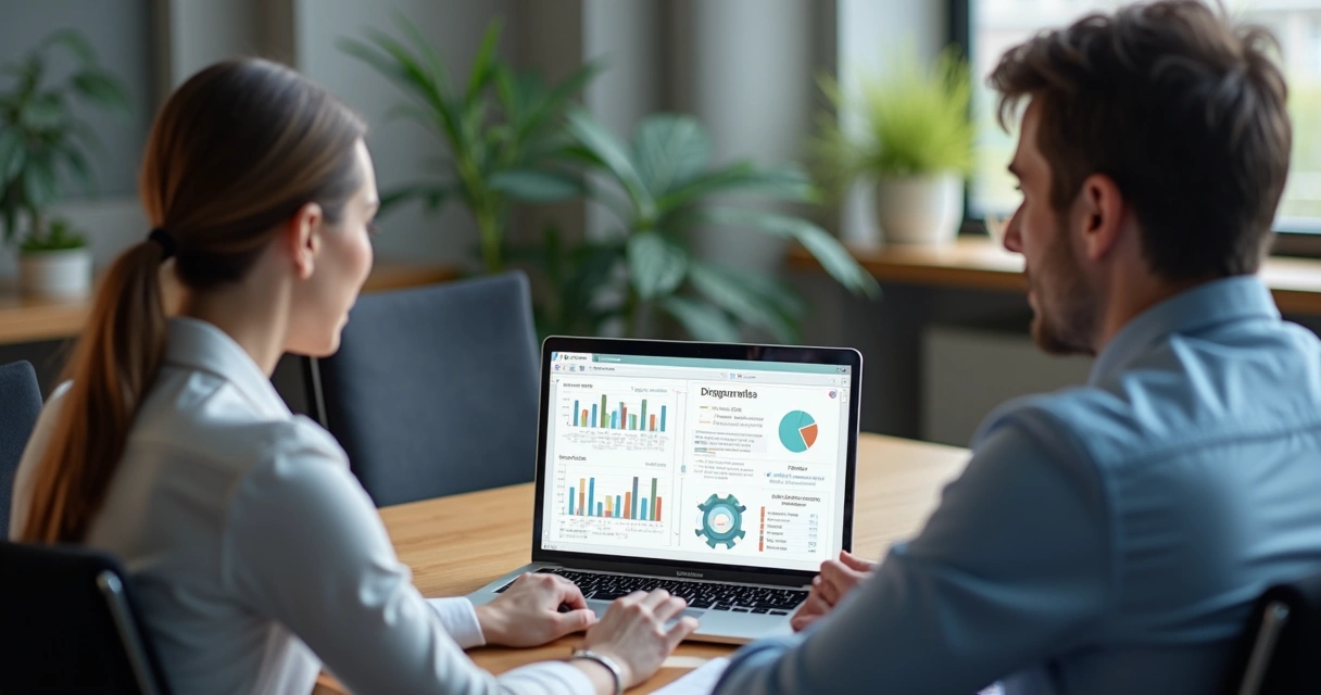 Duas pessoas em frente a laptop discutindo diagnóstico empresarial 