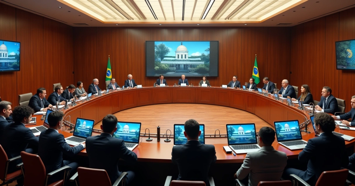 Sessão digital em câmara municipal, vereadores usando tablets e telas 