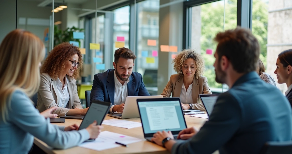 Equipe reunida em sala moderna discutindo estratégias e feedbacks 