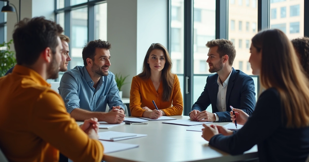 Reunião de feedback entre líder e equipe diversa 