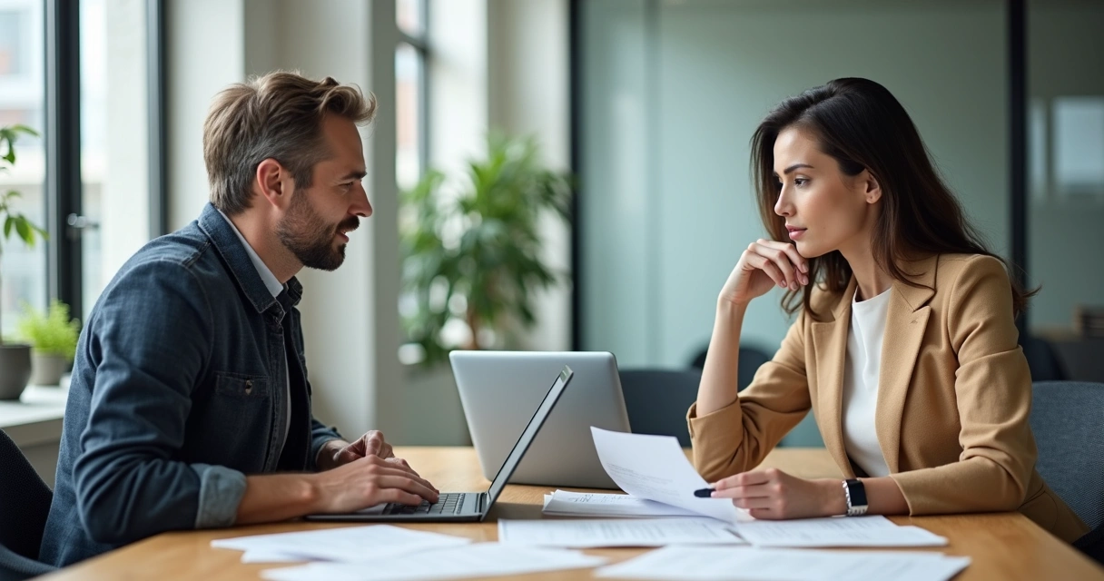 Mentor revisando formulários de intake ao lado de mentorado em sala de reunião