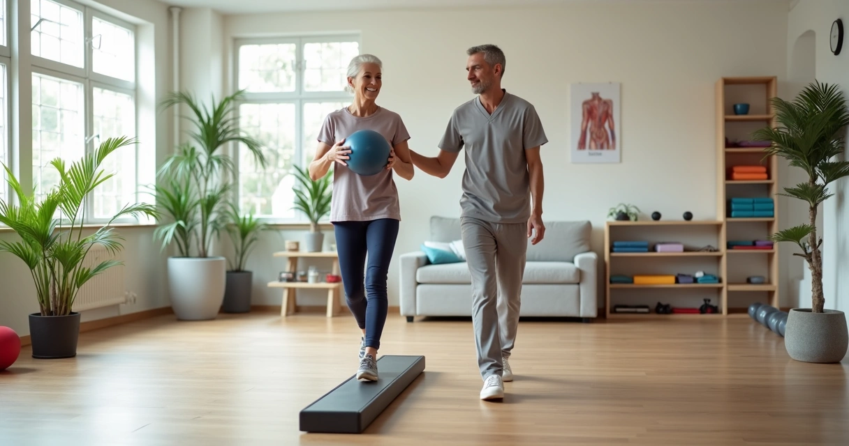 Fisioterapeuta acompanhando paciente em circuito funcional com cones e bola 