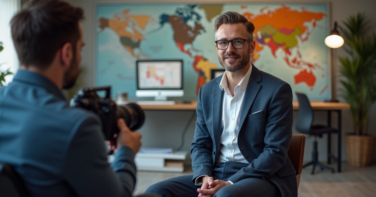 Fotógrafo faz retrato de executivo sentado em estúdio, com mapas e computadores ao fundo 