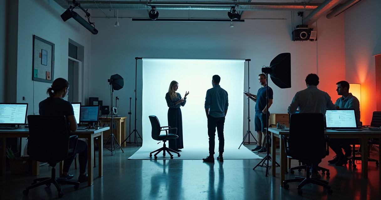 Sessão de fotos com equipe organizando equipamentos 