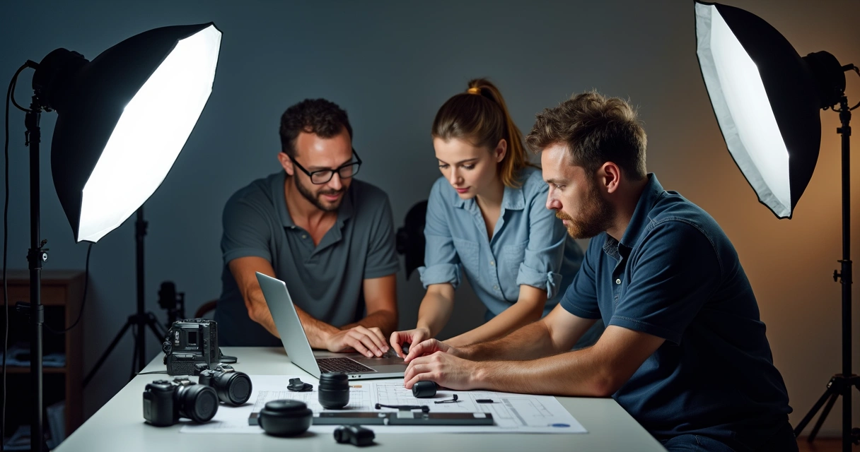 Equipe de sessão fotográfica de produto trabalhando junta em um estúdio, com fotógrafo, assistente e editor juntos ajustando luz e posicionando itens 