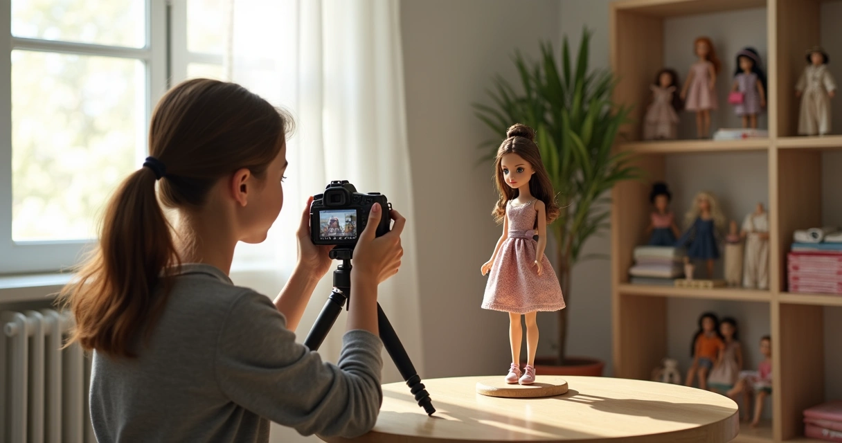 Boneca sendo fotografada por pessoa em ambiente bem iluminado, câmera sobre tripé