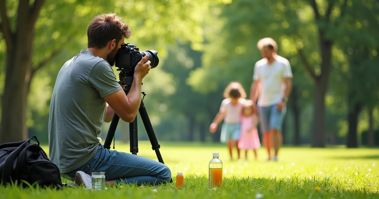Fotógrafo fazendo sessão externa ao ar livre 
