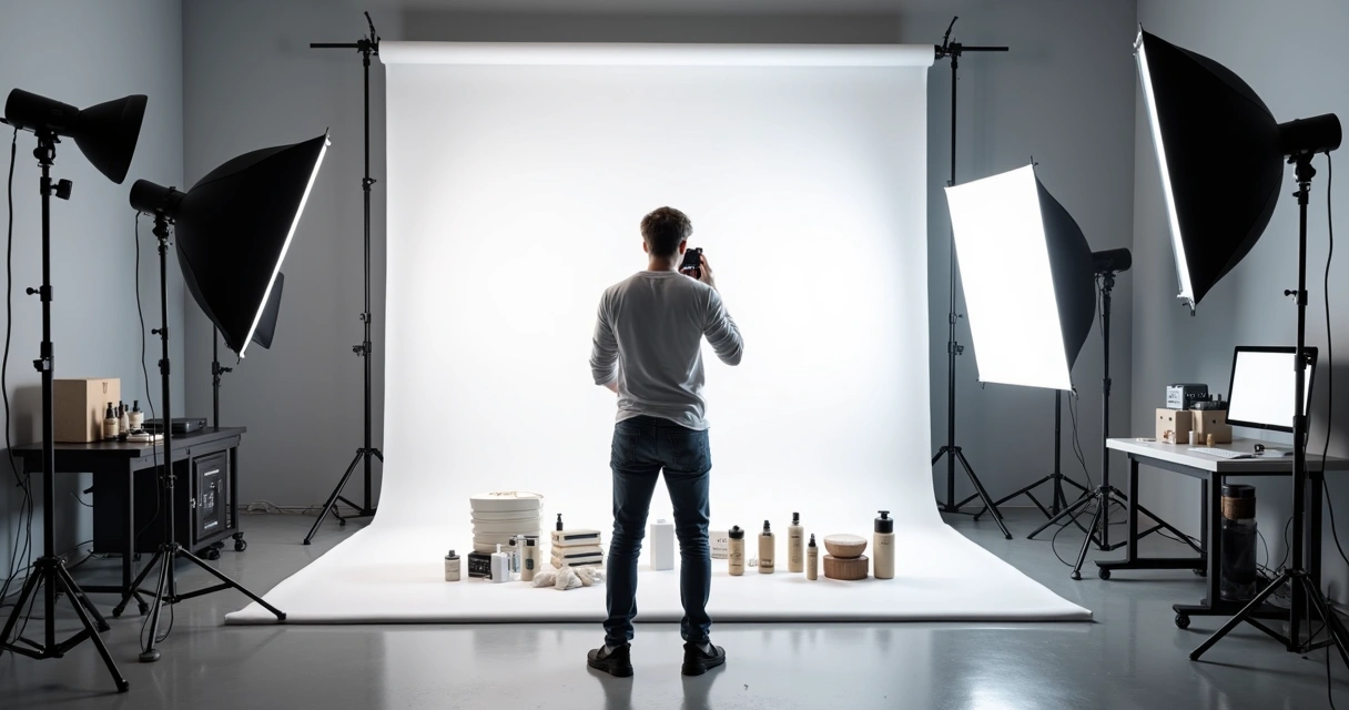 Fotógrafo profissional em estúdio fotografando produtos em fundo branco 