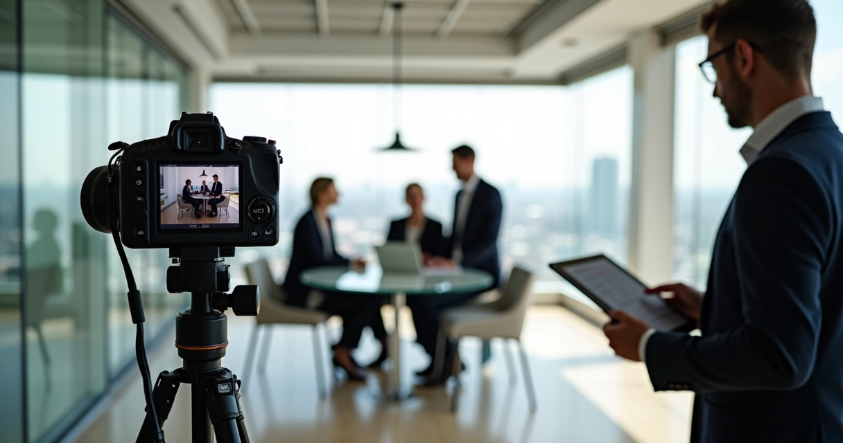 Equipe diversa em sessão de fotos corporativas no escritório moderno 
