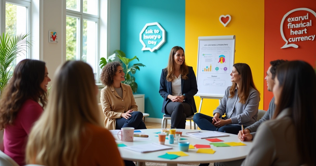 Sessão de grupo sobre finanças com psicólogo e educador em sala colorida 