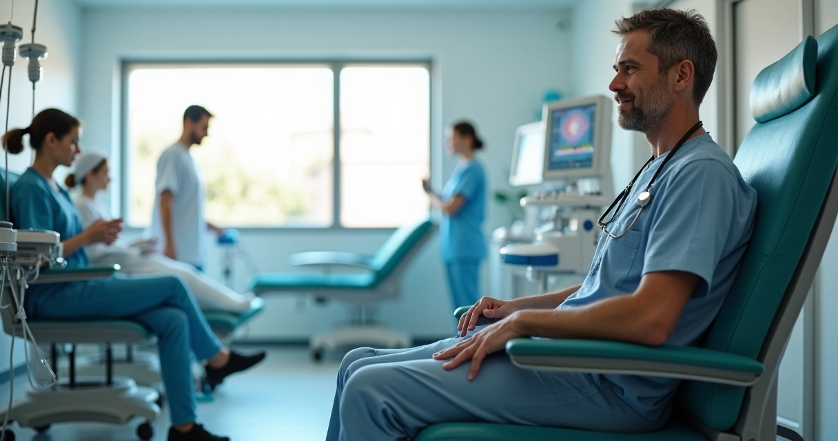 Paciente realizando sessão de hemodiálise em clínica