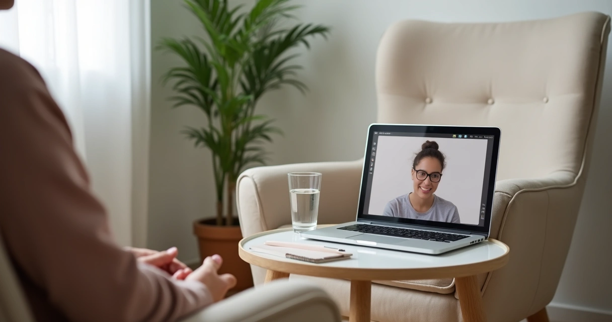 Consultório com notebook aberto e poltrona de atendimento