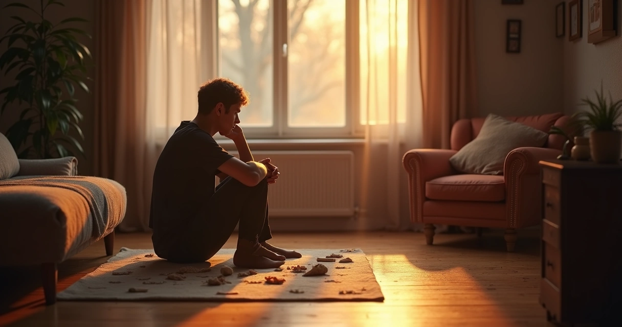 Pessoa sentada sozinha refletindo em um ambiente aconchegante 