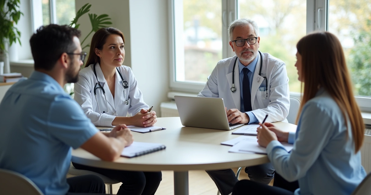 Profissionais de saúde mental conversam em grupo sentados em mesa redonda 