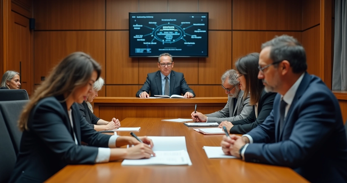 Sessão judicial sobre revisão de curatela com juiz, advogado e família em sala de audiência