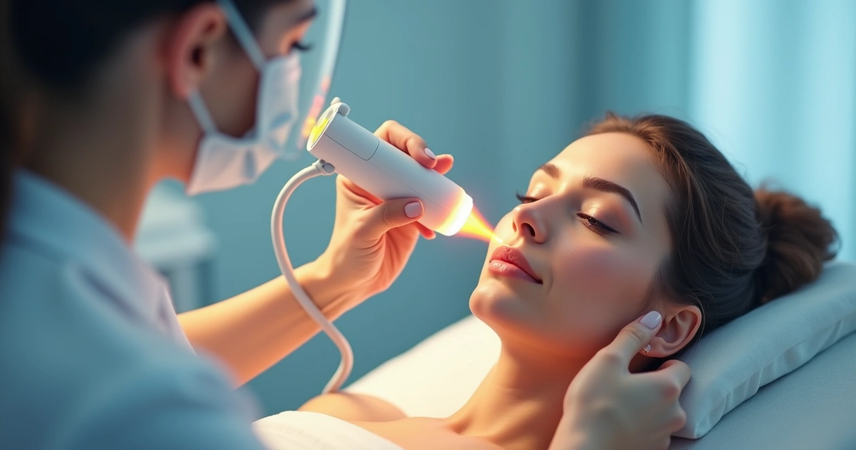 Profissional aplicando laser CO2 fracionado no rosto de paciente em clínica 
