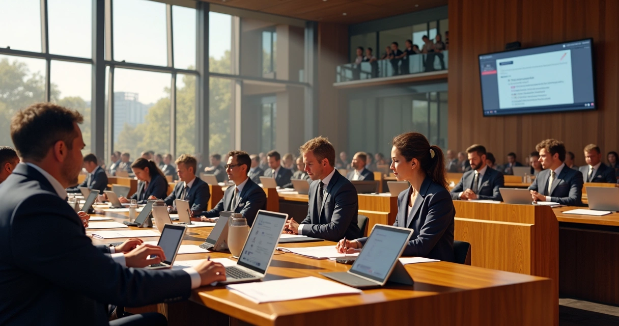 Sessão legislativa na câmara municipal, vereadores analisando documentos digitais 