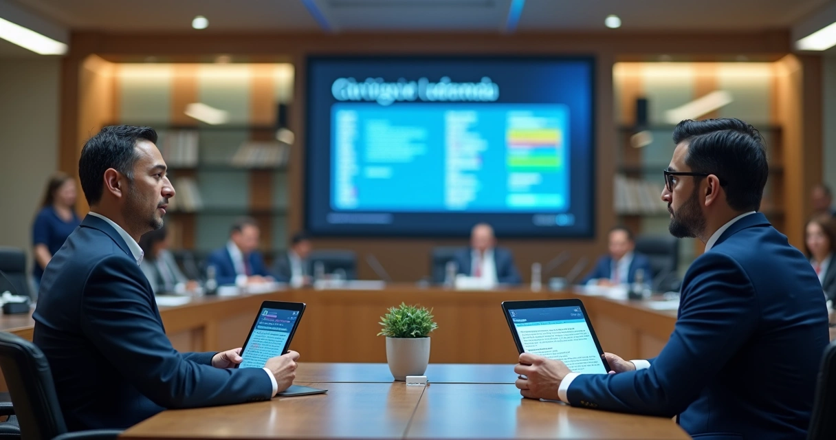 Vereadores usando computadores e tablets em sessão digital na câmara 