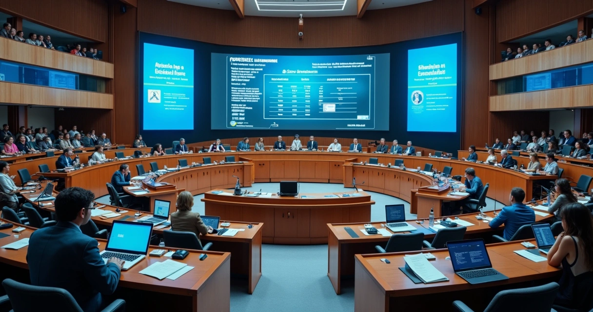 Painel digital de sessão legislativa municipal com documentos e votação 