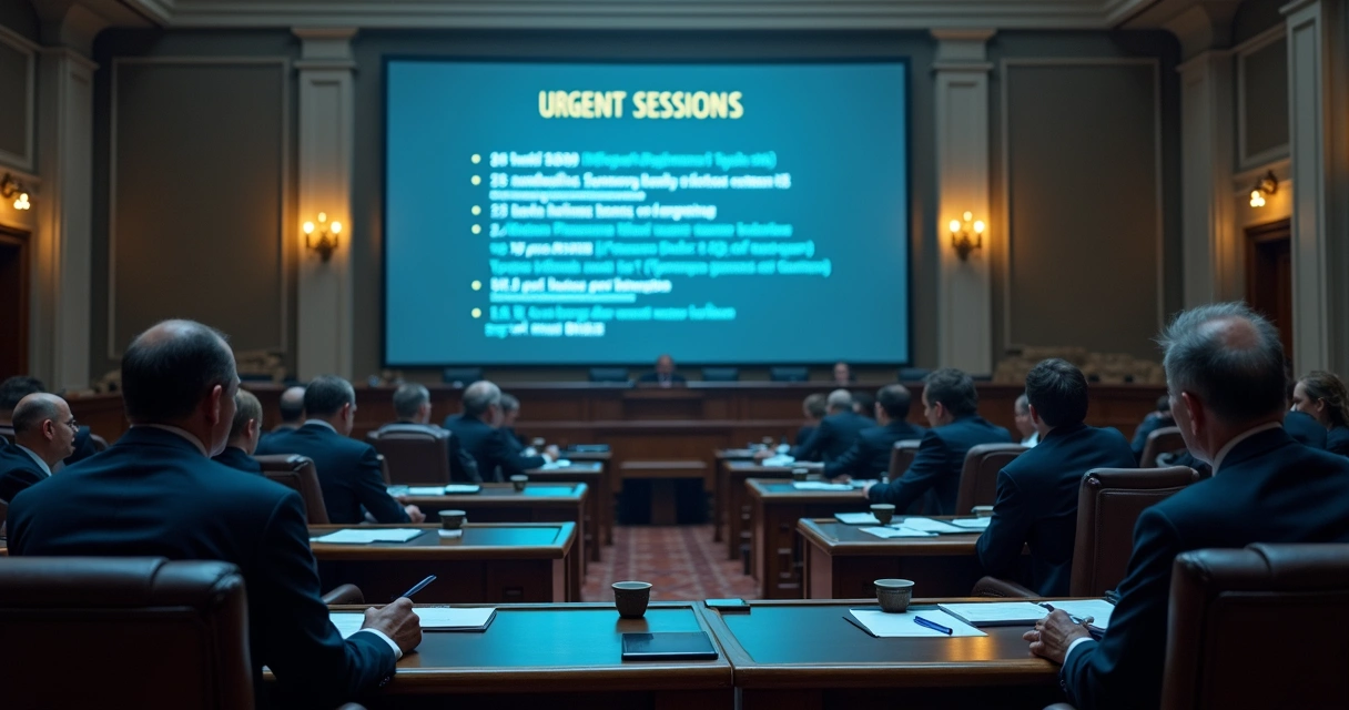 Sessão legislativa com tela mostrando projetos em regime de urgência. 