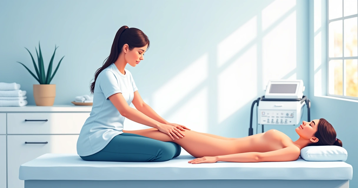 Profissional realizando massagem suave nas pernas em clínica 