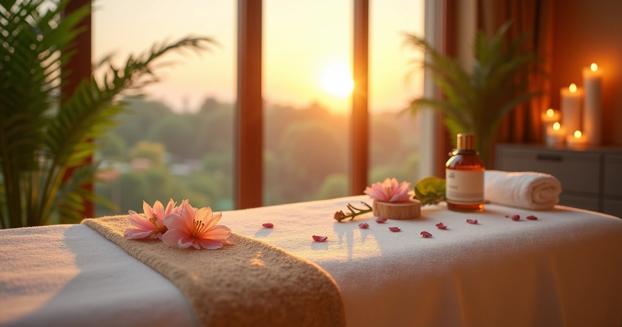 Sala de massagem de luxo com luz suave e decoração natural 