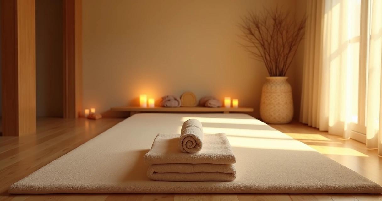 Sala com tatame baixo, velas acesas e itens de massagem 