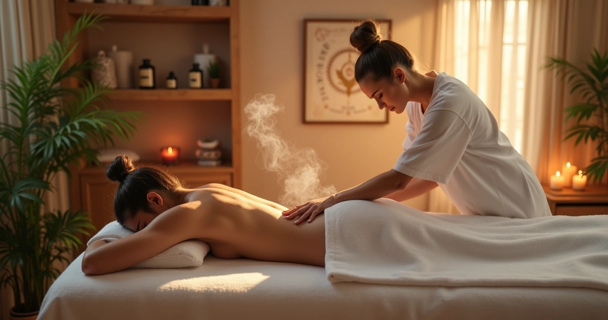 Pessoa recebendo massagem tântrica em ambiente tranquilo com iluminação suave e detalhes de decoração zen 