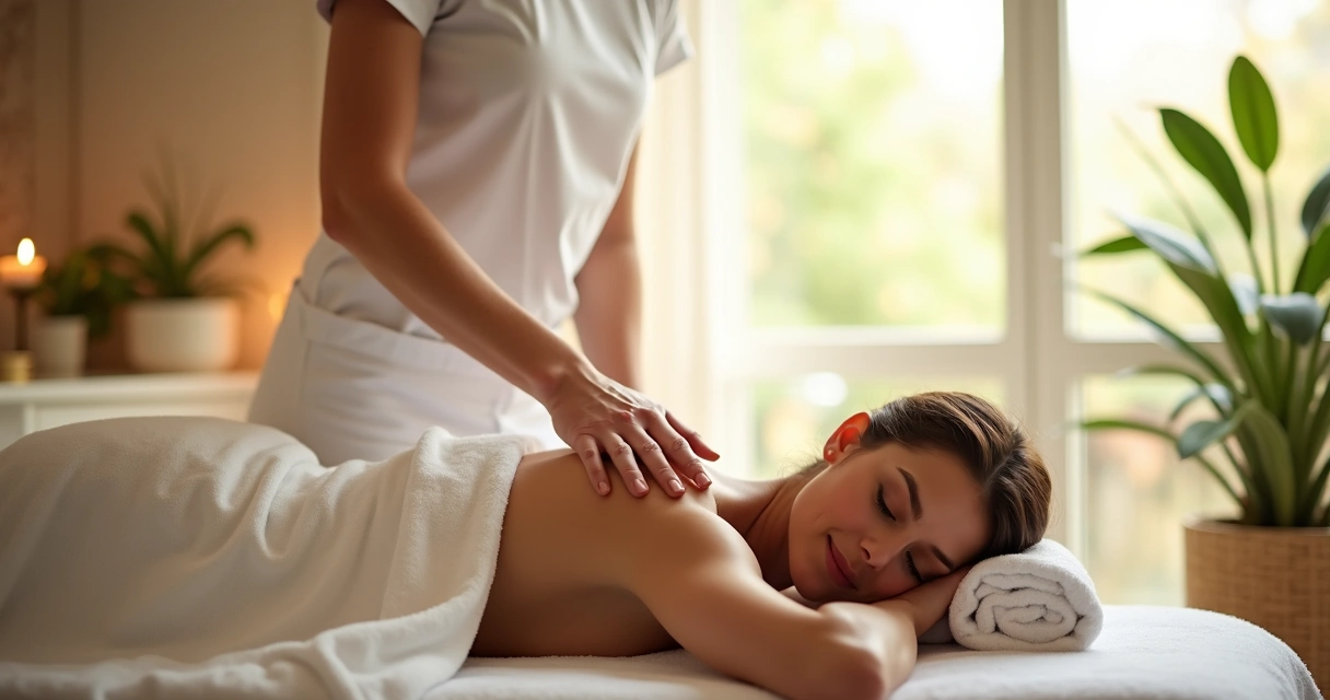 Terapeuta massageando as costas de uma cliente deitada, ambiente claro, elementos de conforto e tranquilidade 