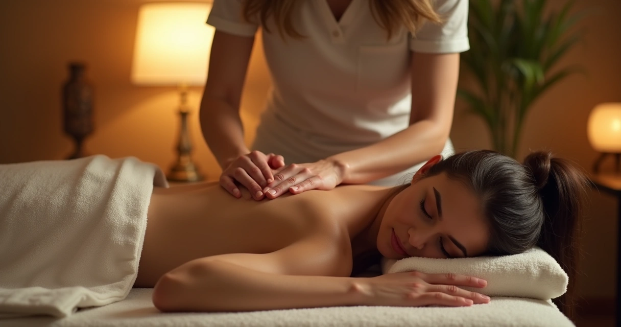 Massoterapeuta aplicando massagem relaxante em cliente deitado em mesa de massagem em ambiente calmo 