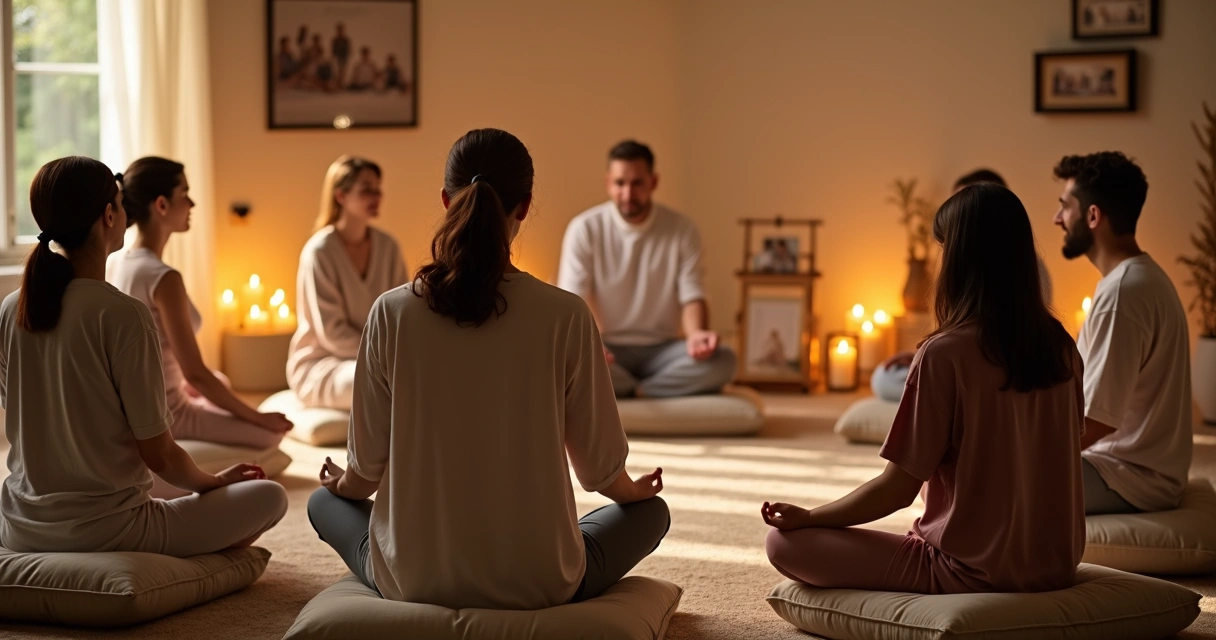 Pessoas sentadas em círculo, meditando em um ambiente acolhedor e iluminado.