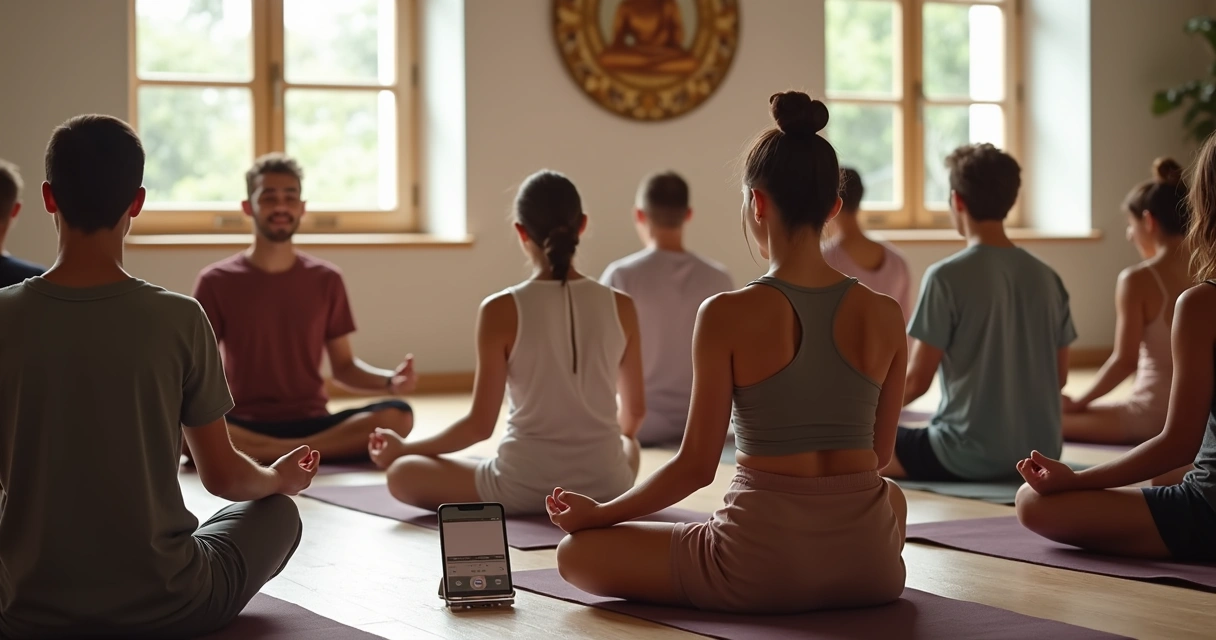 Pessoa sentada de olhos fechados ouvindo áudio de meditação guiada. 