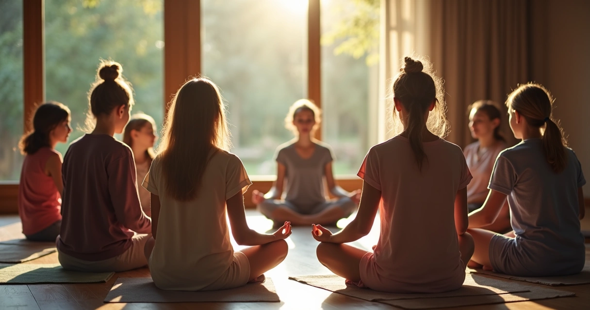 Grupo de pessoas sentadas em círculo, ouvindo alguém guiando uma meditação 