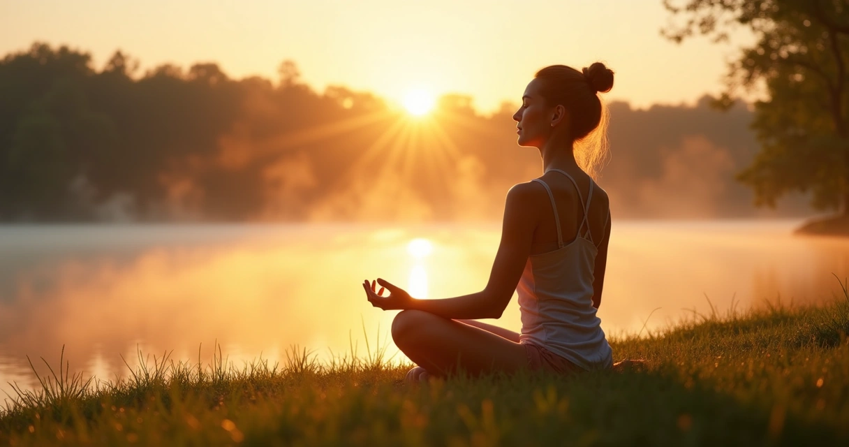Pessoa sentada ao ar livre praticando meditação e Reiki ao nascer do sol