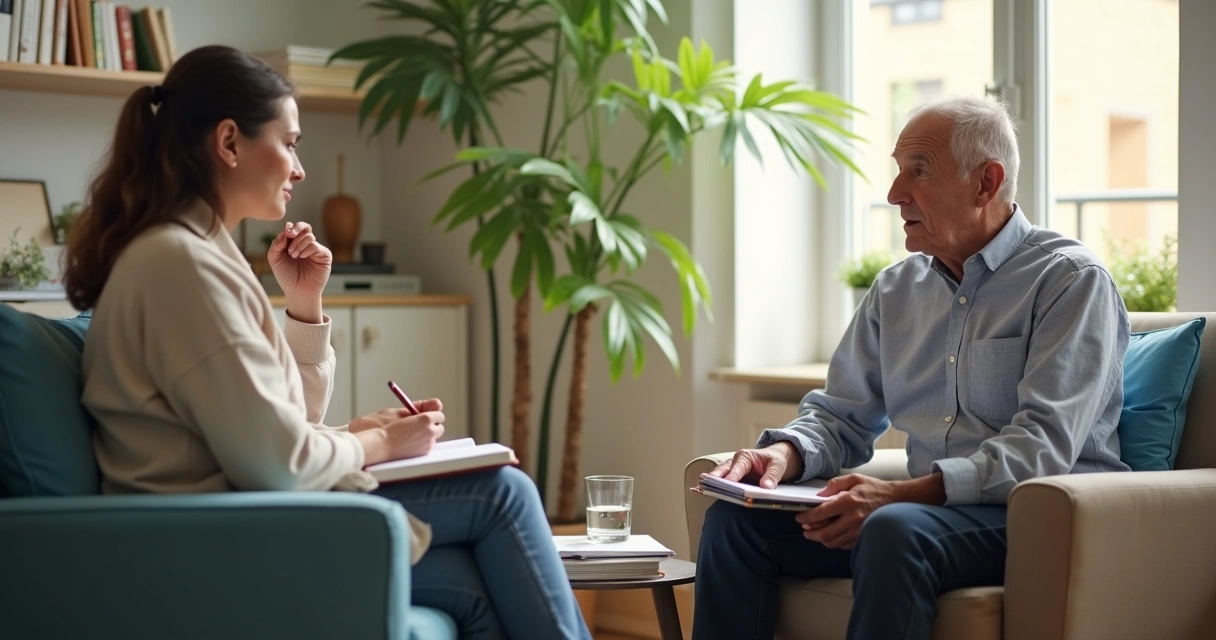 Sessão de mentoria emocional com anotações e diálogo