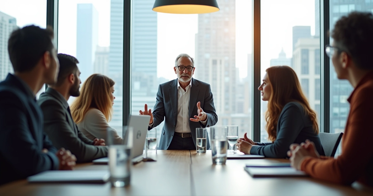 Grupo reunido em sessão de mentoria com mentor falando e pessoas ouvindo 