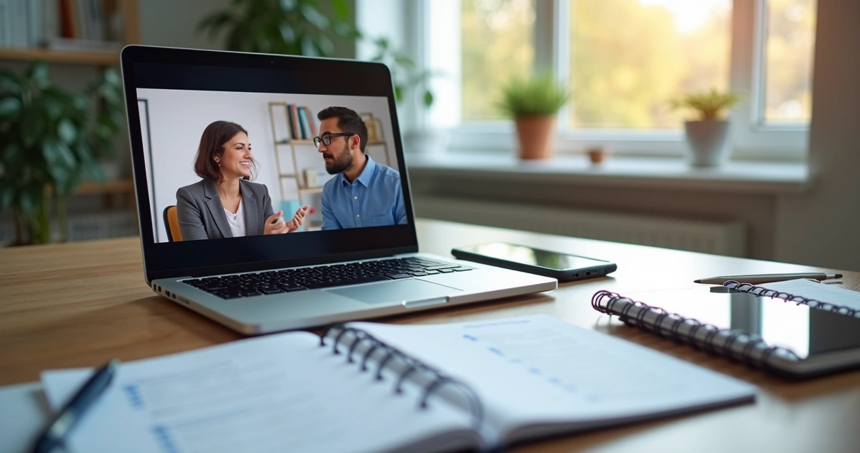 Sessão de mentoria online com acompanhamento em notebook