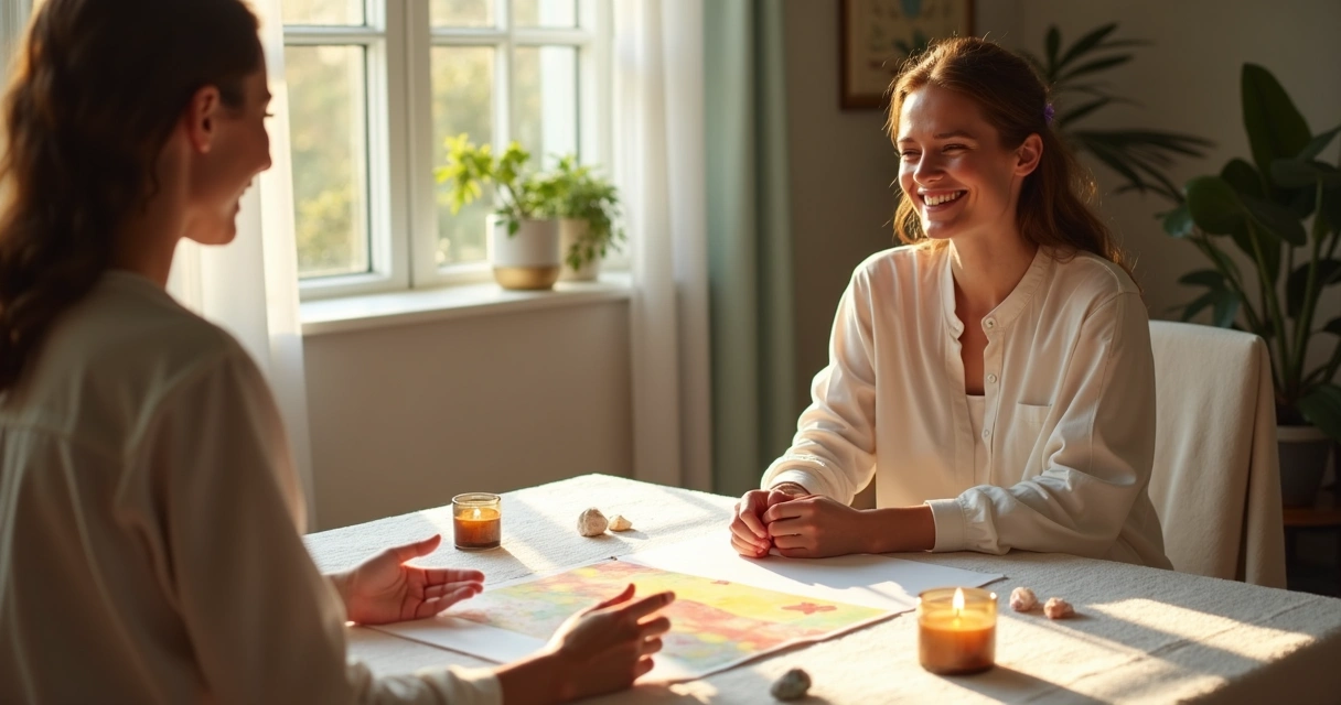 Pessoa sorridente na sessão de mesa radiônica, ar de bem-estar