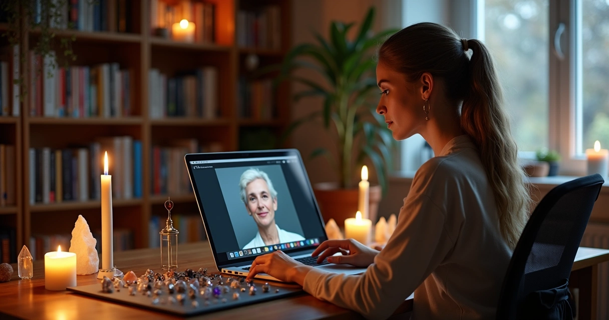 Sessão de mesa radiônica à distância com terapeuta concentrada 